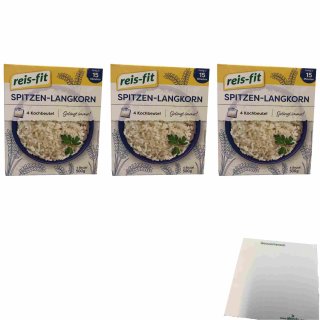 Reis Fit Spitzen-Langkorn Reis im Kochbeutel 3er Pack (3x500g, 12 Kochbeutel) + usy Block
