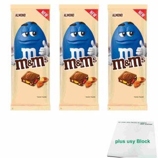 m&ms Almond 3er Pack (3x165g Tafel Milchschokolade mit Mini m&ms und Mandeln) + usy Block