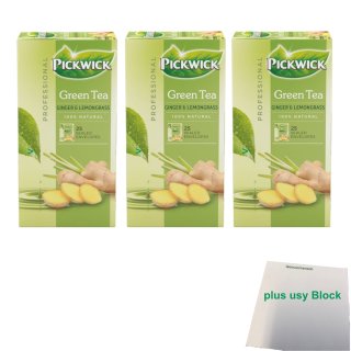 Pickwick Green Tea (Grüner Tee mit Ingwer und Zitronengras Teebeutel) 100% natural 3er Pack (3x 20x1,5g) + usy Block
