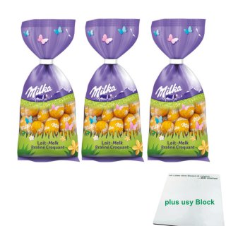 Milka Schokoladen Eier Lait-Melk Praline Croquant 3er Pack (3x Knusprige Pralinenmilch, 100g Beutel) + usy Block