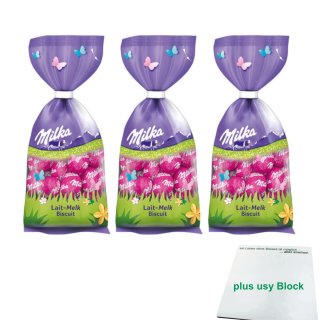 Milka Schokoladen Eier Lait-Melk Bisquit 3er Pack (Mit Keksmilch, 3x 100g Beutel) + usy Block