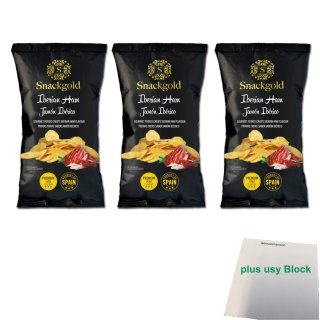 Snackgold Iberian Ham 3er Pack (3x 125g Beutel Chips mit iberischem Schinken) + usy Block