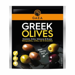 Gemischte Oliven Basilikum, ohne Stein, mariniert mit Basilikum und Zitrone, im Standbeutel, ohne Lake (1x150g)