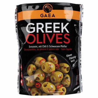Gaea Greek grüne Oliven Chili ohne Stein (150g Packung)