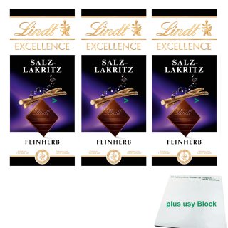 Lindt Excellence Salz-Lakritz Feinherb 3er Pack (3x 100g Tafel) + usy Block