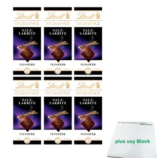 Lindt Excellence Salz-Lakritz Feinherb 6er Pack (6x 100g Tafel) + usy Block
