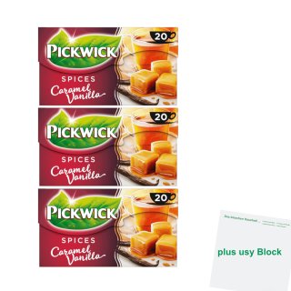 Pickwick Schwarztee mit Karamell-Vanille 3er Pack (3x 20x1,5g Teebeutel) + usy Block