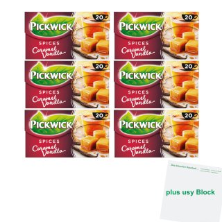 Pickwick Schwarztee mit Karamell-Vanille 6er Pack (6x 20x1,5g Teebeutel) + usy Block