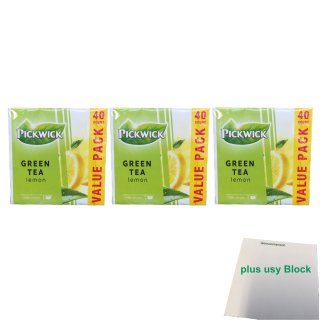 Pickwick Green Tea Lemon Vorteilspackung 3er Pack (Grüner Tee mit Zitrone Teebeutel, 3x 40x2g) + usy Block