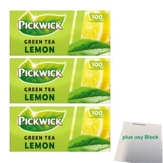 Pickwick Green Tea Lemon 3er Pack (Grüner Tee mit Zitrone, 3x 100x2g Teebeutel, Großpackung) + usy Block