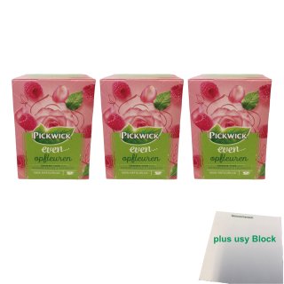 Pickwick even... Opfleuren Grüner Tee mit Rosenblättern & Himbeere 3er Pack (3x 15x1,5g Teebeutel) + usy Block