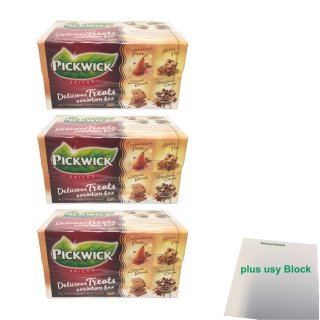 Pickwick Delicious Treats Variation Box 3er Pack (Karamell-Birne, Apfelkuchen, Gewürzter Keks, Haselnuss-Kakao 3x 20x1,5g) + usy Block