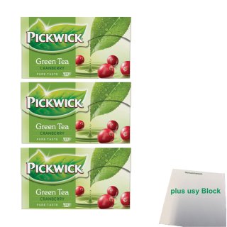 Pickwick Green Tea Cranberry Grüner Tee mit Preiselbeere 3er Pack (3x 20x1,5g Teebeutel) + usy Block