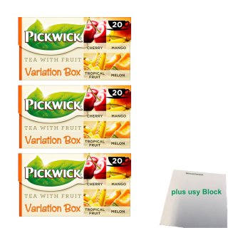 Pickwick Tea with Fruit Variation Box 3er Pack (Cherry, Tropical Fruit, Mango, Melon 3x 20x1,5g) + usy Block