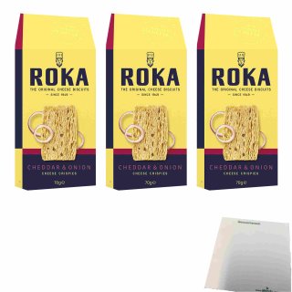 Roka Cheese Crispies Cheddar Onion 3er Pack (3x70g Packung Cracker mit Käse & Zwiebeln) + usy Block