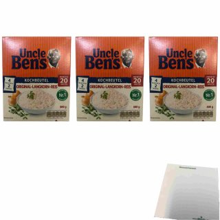 Uncle Bens Original Langkornreis 20 Minuten 4x125g Kochbeutel 3er Pack (3x500g Packung) + usy Block