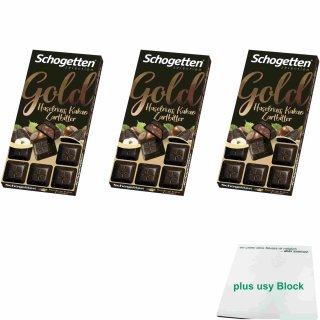 Schogetten Gold Haselnuss Kakao Zartbitter 3er Pack (3x100g) + usy Block