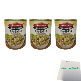 Sonnen Bassermann Reis-Eintopf mit Fleischbeilage 3er Pack (3x 800g Dose) + usy Block