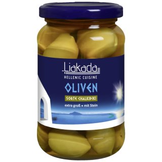 Liakada Grüne Oliven Sorte Chalkidiki Extra groß mit Stein (200g Glas)