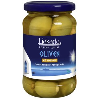 Liakada Grüne Oliven mit Mandeln Sorte Chalkidiki Hand gesteckt (200g Glas)