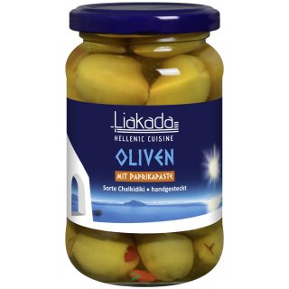 Liakada Grüne Oliven mit Paprikapaste Sorte Chalkidiki Hand gesteckt (200g Glas)