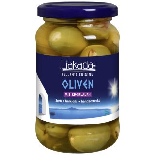 Liakada Grüne Oliven mit Knoblauch Sorte Chalkidiki Hand gesteckt (200g Glas)
