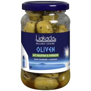 Liakada Grüne Oliven mit Kräutern & Gewürzen trocken eingelegt Sorte Chalkidiki entsteint (190g Glas)
