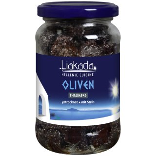 Liakada Schwarze Oliven Thrumbes Getrocknet mit Stein (230g Glas)