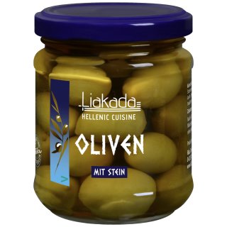 Liakada Grüne Oliven Sorte Chalkidiki mit Stein (110g Glas)