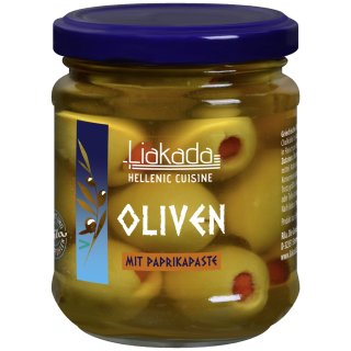 Liakada Grüne Oliven mit Paprikapaste Sorte Chalkidiki (100g Glas)