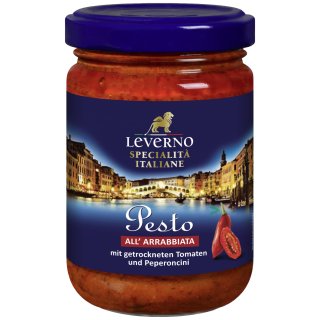 Leverno Pesto All Arrabiata mit getrockneten Tomaten und Peperoncini (125g Glas)