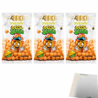 4Bro Broji Balls Cheese Jalapeno 3er Pack (3x75g Beutel Maissnack mit Käse Chili Geschmack) + usy Block