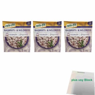 Reis-Fit Basmati & Wildreis Kochbeutel 3er Pack (3x 4x 125g Packung) + usy Block