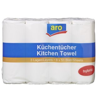aro Küchentücher Hybrid Weiß 3 lagig - 8 Stück
