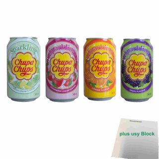 Chupa Chups Sparkling Testpaket mit 4 Sorten (4x 345ml Dose) + usy Block