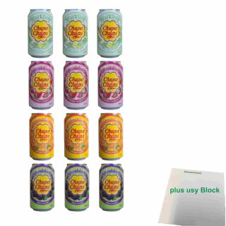 Chupa Chups Sparkling Testpaket mit 4 Sorten (12x 345ml Dose) + usy Block