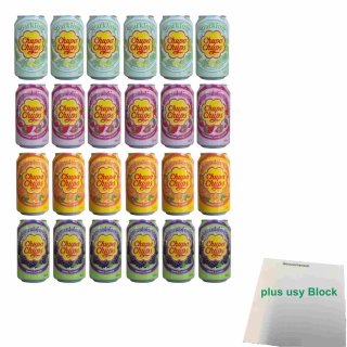 Chupa Chups Sparkling Testpaket mit 4 Sorten (24x 345ml Dose) + usy Block