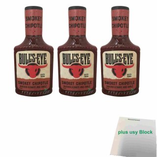 Bulls Eye Smokey Chipotle Rauchig-Scharfe BBQ-Sauce 3er Pack (3x 300ml Flasche) + usy Block