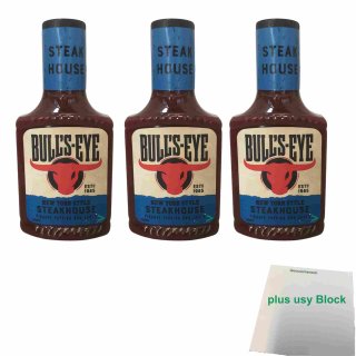 Bulls Eye Steakhouse Pikante Paprika BBQ-Sauce 3er Pack (3x 300ml Flasche) + usy Block