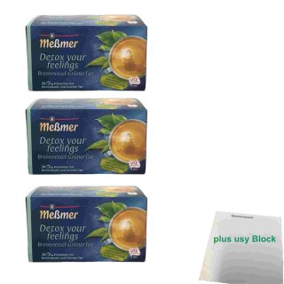 Meßmer detox your feelings Brennnessel Grüner Tee 20 Teebeutel 3er Pack (3x 40g Packung) + usy Block