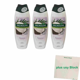 Palmolive Cremebad Naturals Kokos & Feuchtigkeitsmilch 3er Pack (3x 650 ml Flasche) + usy Block
