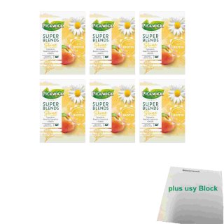 Pickwick Super Blends Shine mit Kamille, Pfirsich & Lakritz + Biotin 6er Pack (6x 15x1,5g Teebeutel) + usy Block
