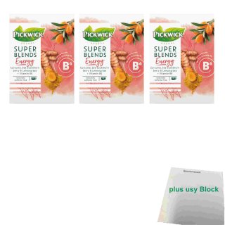 Pickwick Super Blends Energy mit Curcuma, Sanddornbeere & Zitronengras 3er Pack (3x 15x1,5g Teebeutel) + usy Block