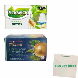 Detox Grüner Tee Multipaket von Meßmer + Pickwick (2x 20 Teebeutel, 2 Packungen à 40g) + usy Block