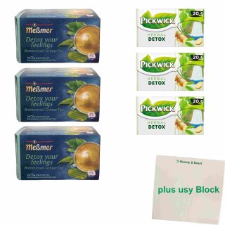 Detox Grüner Tee Multipaket von Meßmer + Pickwick 3er Pack (3x 2x 20 Teebeutel, 2 Packungen à 40g) + usy Block