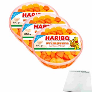 Haribo Primavera Aprikose-Pfirsich 3er Pack (3x350g flache Runddose) + usy Block