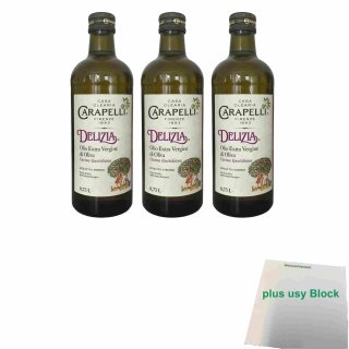 Carapelli Olio Extra V. Delizia, natives Olivenöl 3er Pack (3x 0,7 Liter Flasche) + usy Block