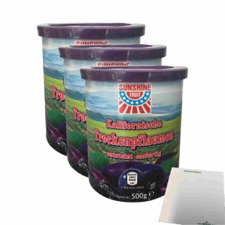 Sunshine Fruit Trockenpflaumen entsteint 3er Pack (3x500g Dose) + usy Block