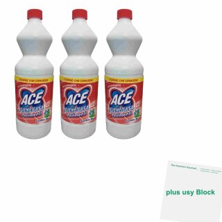 Ace Igiene Casa, Hygiene Reiniger mit Bleichmittel für Hartböden 3er Pack (3x 1L Flasche) + usy Block