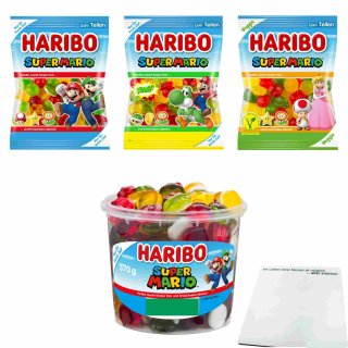 Haribo Super Mario Testpaket 2 (je 1x175g Beutel Fruchtgummi, Sauer & Veggie + 1x570g Runddose) + usy Block